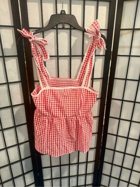 Red Gingham Tie-Shoulder Smocked Tank Top (G2)